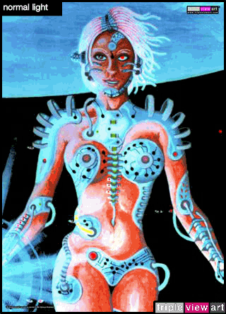 B.I.O.mechanoid is a uv (ultraviolet) blacklight fluorescent glow backdrop/banner/tapestry/wall-hanging/deco print, made from the original psychedelic spiritual visionary fantasy fine art backdrop painting by symeon nostrakis of 333artworks/tripleviewart, and depicting a mystery scifi/sci-fi/science fiction theme: a cyborg transhuman biomechanoid bionic female from space