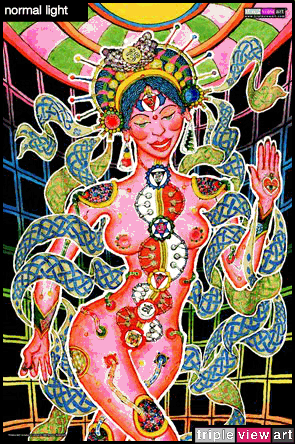 Chakra Girl is a uv (ultraviolet) blacklight fluorescent glow backdrop/banner/tapestry/wall-hanging/deco print, made from the original psychedelic spiritual visionary fantasy fine art backdrop painting by symeon nostrakis of 333artworks/tripleviewart, and depicting a partly scifi/sci-fi/science fiction theme: a cyborg transhuman biomechanoid bionic female from space, with open chakras and rising kundalini energy (hindu theme) surrounded by celtic knotwork decoration