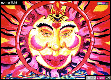 Chillin' Sun is a uv (ultraviolet) blacklight fluorescent glow backdrop/banner/tapestry/wall-hanging/deco print, made from the original psychedelic spiritual visionary fantasy fine art backdrop painting by symeon nostrakis of 333artworks/tripleviewart, and depicting a magic sun with a tibetan face in blissful meditation while chilling the fire in the sea water, and his third eye/3rd eye inside a flower growing from a heart