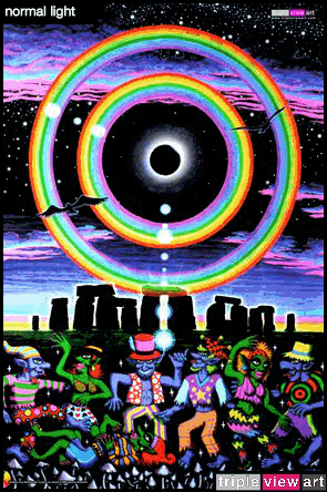 Eclipse Over Stonehenge is a uv (ultraviolet) blacklight fluorescent glow backdrop/banner/tapestry/wall-hanging/deco print, made from the original psychedelic spiritual visionary fantasy fine art backdrop painting by symeon nostrakis of 333artworks/tripleviewart, and depicting a mystery tribal party of pixies/elf/elves/goblins dance on magic psylocybin mushrooms growing from the earth in stonehenge landscape, and a double circular rainbow and stars around a total eclipse
