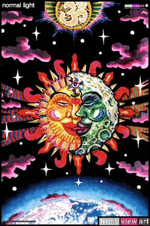 Magic Sunmoon is a uv (ultraviolet) blacklight fluorescent glow backdrop/banner/tapestry/wall-hanging/deco print, made from the original psychedelic spiritual visionary fantasy fine art backdrop painting by symeon nostrakis of 333artworks/tripleviewart, and depicting a magic alchemy, the sun and the moon coming together in an eclipse (sunmoon as the union of the opposites), the third eye/3rd eye inside a flower growing from a heart, above is a radiating om/aum, below is the earth globe, and everything is surrounded by stars and colourful clouds