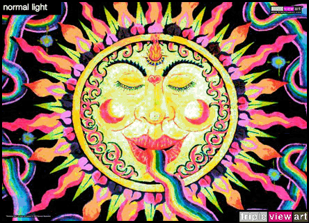 Rainbow Sun is a uv (ultraviolet) blacklight fluorescent glow backdrop/banner/tapestry/wall-hanging/deco print, made from the original psychedelic spiritual visionary fantasy fine art backdrop painting by symeon nostrakis of 333artworks/tripleviewart, and depicting a magic sun in meditation with a heart and a fire burning in his third eye/3rd eye, while he is breathing out a rainbow which curls around him and the stars forming a celtic knotwork pattern