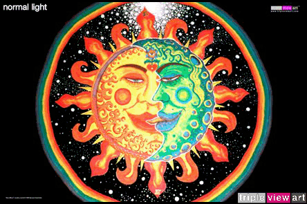Sun+Moon is a uv (ultraviolet) blacklight fluorescent glow backdrop/banner/tapestry/wall-hanging/deco print, made from the original psychedelic spiritual visionary fantasy fine art mural painting by symeon nostrakis of 333artworks/tripleviewart, and depicting mystery, magic alchemy, the sun and the moon coming together in an eclipse (sunmoon as the union of the opposites), the third eye/3rd eye inside a flower growing from a heart, and everything surrounded by space with stars and a circular rainbow