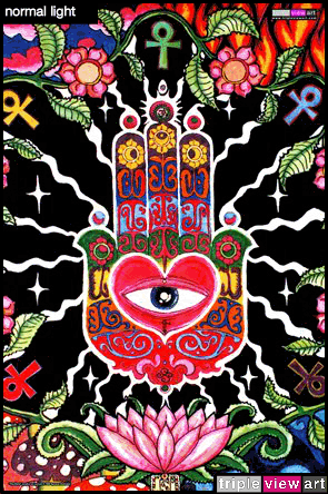 The Hand is a uv (ultraviolet) blacklight fluorescent glow backdrop/banner/tapestry/wall-hanging/deco print, made from the original psychedelic spiritual visionary fantasy fine art backdrop painting by symeon nostrakis of 333artworks/tripleviewart, and depicting the lucky hand of fatima (hamsa/khamsa) with a heart and an eye, a magic amulet encircled by lotus flowers, amanita (fly agaric) mushrooms, and the elements of earth, water, air, and fire