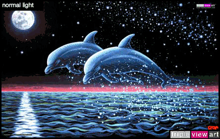 Two Dolphins is a uv (ultraviolet) blacklight fluorescent glow backdrop/banner/tapestry/wall-hanging/deco print, made from the original psychedelic spiritual visionary fantasy fine art backdrop painting by symeon nostrakis of 333artworks/tripleviewart, and depicting 2 dolphins jumping out of the sea water, against a starry night and a fullmoon. the seascape binds in harmony with the moon, the space and the stars