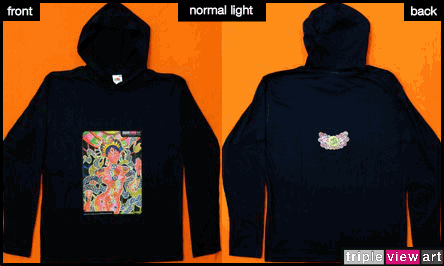 Chakra Girl is a uv (ultraviolet) blacklight fluorescent and glow-in-the-dark phosphorescent afterglow short sleeve t-shirt and long sleeve hooded shirt print, made from the original psychedelic spiritual visionary fantasy fine art backdrop painting by symeon nostrakis of 333artworks/tripleviewart, and depicting a partly scifi/sci-fi/science fiction theme: a cyborg transhuman biomechanoid bionic female from space, with open chakras and rising kundalini energy (hindu theme) surrounded by celtic knotwork decoration