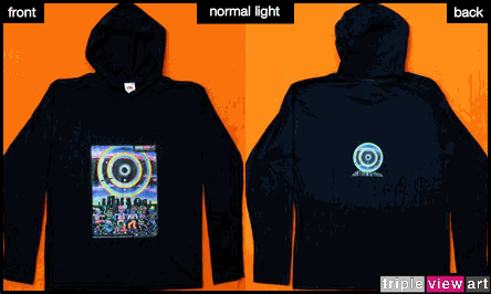 Eclipse Over Stonehenge is a uv (ultraviolet) blacklight fluorescent and glow-in-the-dark phosphorescent afterglow short sleeve t-shirt and long sleeve hooded shirt print, made from the original psychedelic spiritual visionary fantasy fine art backdrop painting by symeon nostrakis of 333artworks/tripleviewart, and depicting a mystery tribal party of pixies/elf/elves/goblins dance on magic psylocybin mushrooms growing form the earth in stonehenge landscape, and a double circular rainbow and stars around a total eclipse