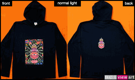 The Hand is a uv (ultraviolet) blacklight fluorescent and glow-in-the-dark phosphorescent afterglow short sleeve t-shirt and long sleeve hooded shirt print, made from the original psychedelic spiritual visionary fantasy fine art backdrop painting by symeon nostrakis of 333artworks/tripleviewart, and depicting the lucky hand of fatima (hamsa/khamsa) with a heart and an eye, a magic amulet encircled by flowers, amanita (fly agaric) mushrooms, and the elements of earth, water, air, and fire