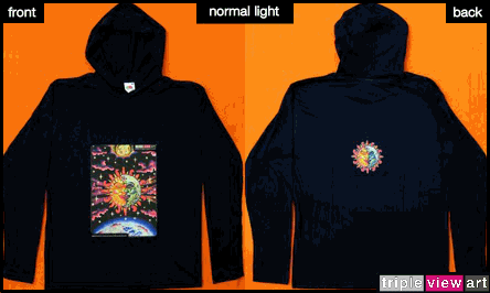 Magic Sunmoon is a uv (ultraviolet) blacklight fluorescent and glow-in-the-dark phosphorescent afterglow short sleeve t-shirt and long sleeve hooded shirt print, made from the original psychedelic spiritual visionary fantasy fine art backdrop painting by symeon nostrakis of 333artworks/tripleviewart, and depicting a magic alchemy, the sun and the moon coming together in an eclipse (sunmoon as the union of the opposites), the third eye/3rd eye inside a flower growing from a heart, above is a radiating om/aum, below is the earth globe, and everything is surrounded by stars and colourful clouds