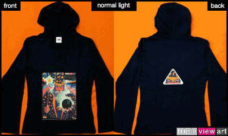 Merlin is a uv (ultraviolet) blacklight fluorescent and glow-in-the-dark phosphorescent afterglow short sleeve t-shirt and long sleeve hooded shirt print, made from the original psychedelic spiritual visionary fantasy fine art backdrop painting by symeon nostrakis of 333artworks/tripleviewart, and depicting the mystery of sorcery: wizard merlin wearing an amulet, holding a magic wand shooting rainbow colours and a magic sphere, standing on a field of amanita (fly agaric) mushrooms and under a starry night, a space filled with stars