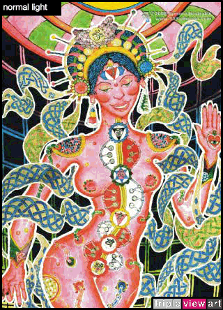 Chakra Girl is a uv (ultraviolet) blacklight fluorescent and glow-in-the-dark phosphorescent afterglow poster/postcard print, made from the original psychedelic spiritual visionary fantasy fine art backdrop painting by symeon nostrakis of 333artworks/tripleviewart, and depicting a partly scifi/sci-fi/science fiction theme: a cyborg transhuman biomechanoid bionic female from space, with open chakras and rising kundalini energy (hindu theme) surrounded by celtic knotwork decoration