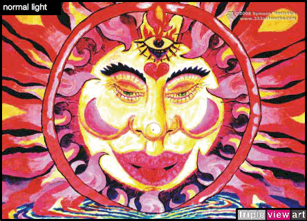 Chillin' Sun is a uv (ultraviolet) blacklight fluorescent and glow-in-the-dark phosphorescent afterglow poster/postcard print, made from the original psychedelic spiritual visionary fantasy fine art backdrop painting by symeon nostrakis of 333artworks/tripleviewart, and depicting a magic sun with a tibetan face in blissful meditation while chilling the fire in the sea water, and his third eye/3rd eye inside a flower growing from a heart