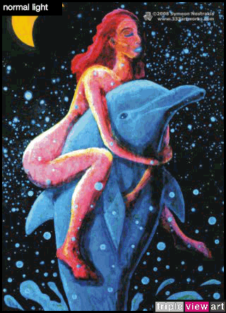 Dolphin Girl is a uv (ultraviolet) blacklight fluorescent and glow-in-the-dark phosphorescent afterglow poster/postcard print, made from the original psychedelic spiritual visionary fantasy fine art backdrop painting by symeon nostrakis of 333artworks/tripleviewart, and depicting a female riding a dolphin jumping out of the sea water against a starry night, the moon, the stars, and space
