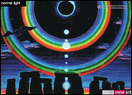 Eclipse Over Stonehenge is a uv (ultraviolet) blacklight fluorescent and glow-in-the-dark phosphorescent afterglow poster/postcard print, made from the original psychedelic spiritual visionary fantasy fine art backdrop painting by symeon nostrakis of 333artworks/tripleviewart, and depicting the magic mystery tribal landscape of stonehenge and a total eclipse above it surrounded by a double circular rainbow and stars
