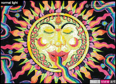 Rainbow Sun is a uv (ultraviolet) blacklight fluorescent and glow-in-the-dark phosphorescent afterglow poster/postcard print, made from the original psychedelic spiritual visionary fantasy fine art backdrop painting by symeon nostrakis of 333artworks/tripleviewart, and depicting a magic sun in meditation with a heart and a fire burning in his third eye/3rd eye, while he is breathing out a rainbow which curls around him and the stars forming a celtic knotwork pattern