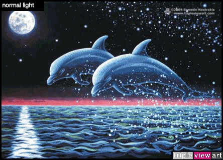 Two Dolphins is a uv (ultraviolet) blacklight fluorescent and glow-in-the-dark phosphorescent afterglow poster/postcard print, made from the original psychedelic spiritual visionary fantasy fine art backdrop painting by symeon nostrakis of 333artworks/tripleviewart, and depicting 2 dolphins jumping from the sea water, against a starry night and a fullmoon. the seascape binds in harmony with the moon, the space and the stars