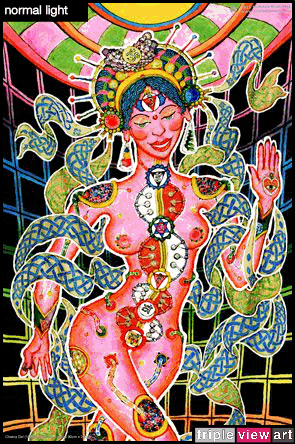 Chakra Girl is a uv (ultraviolet) blacklight fluorescent and glow-in-the-dark phosphorescent afterglow poster/postcard print, made from the original psychedelic spiritual visionary fantasy fine art backdrop painting by symeon nostrakis of 333artworks/tripleviewart, and depicting a partly scifi/sci-fi/science fiction theme: a cyborg transhuman biomechanoid bionic female from space, with open chakras and rising kundalini energy (hindu theme) surrounded by celtic knotwork decoration