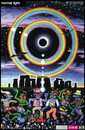 Eclipse Over Stonehenge is a uv (ultraviolet) blacklight fluorescent and glow-in-the-dark phosphorescent afterglow poster/postcard print, made from the original psychedelic spiritual visionary fantasy fine art backdrop painting by symeon nostrakis of 333artworks/tripleviewart, and depicting a mystery tribal party of pixies/elf/elves/goblins dance on magic psylocybin mushrooms growing from the earth in stonehenge landscape, and a double circular rainbow and stars around a total eclipse