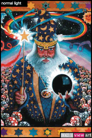 Merlin is a uv (ultraviolet) blacklight fluorescent and glow-in-the-dark phosphorescent afterglow poster/postcard print, made from the original psychedelic spiritual visionary fantasy fine art backdrop painting by symeon nostrakis of 333artworks/tripleviewart, and depicting the mystery of sorcery: wizard merlin wearing an amulet, holding a magic wand shooting rainbow colours (depicting the 7 metals of alchemy) and a magic sphere, standing on a field of amanita (fly agaric) mushrooms and under a starry night, the alchemical sun and moon, and a space filled with stars