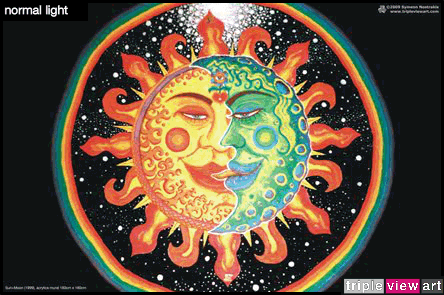 Sun+Moon is a uv (ultraviolet) blacklight fluorescent and glow-in-the-dark phosphorescent afterglow poster/postcard print, made from the original psychedelic spiritual visionary fantasy fine art mural painting by symeon nostrakis of 333artworks/tripleviewart, and depicting mystery, magic alchemy, the sun and the moon coming together in an eclipse (sunmoon as the union of the opposites), the third eye/3rd eye inside a flower growing from a heart, and everything surrounded by space with stars and a circular rainbow