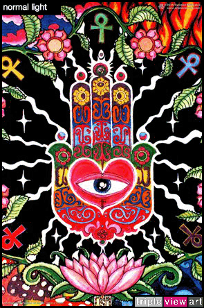 The Hand is a uv (ultraviolet) blacklight fluorescent and glow-in-the-dark phosphorescent afterglow poster/postcard print, made from the original psychedelic spiritual visionary fantasy fine art backdrop painting by symeon nostrakis of 333artworks/tripleviewart, and depicting the lucky hand of fatima (hamsa/khamsa) with a heart and an eye, a magic amulet encircled by lotus flowers, amanita (fly agaric) mushrooms, and the elements of earth, water, air, and fire