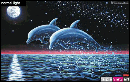 Two Dolphins is a uv (ultraviolet) blacklight fluorescent and glow-in-the-dark phosphorescent afterglow poster/postcard print, made from the original psychedelic spiritual visionary fantasy fine art backdrop painting by symeon nostrakis of 333artworks/tripleviewart, and depicting 2 dolphins jumping out of the sea water, against a starry night and a fullmoon. the seascape binds in harmony with the moon, the space and the stars