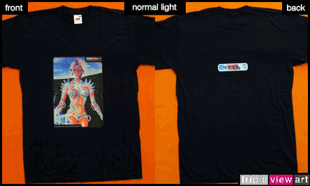 B.I.O.mechanoid is a uv (ultraviolet) blacklight fluorescent and glow-in-the-dark phosphorescent afterglow short sleeve t-shirt and long sleeve hooded shirt print, made from the original psychedelic spiritual visionary fantasy fine art backdrop painting by symeon nostrakis of 333artworks/tripleviewart, and depicting a mystery scifi/sci-fi/science fiction theme: a cyborg transhuman biomechanoid bionic female from space