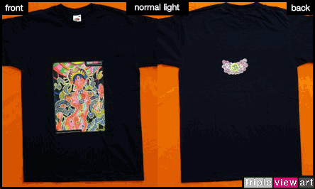 Chakra Girl is a uv (ultraviolet) blacklight fluorescent and glow-in-the-dark phosphorescent afterglow short sleeve t-shirt and long sleeve hooded shirt print, made from the original psychedelic spiritual visionary fantasy fine art backdrop painting by symeon nostrakis of 333artworks/tripleviewart, and depicting a partly scifi/sci-fi/science fiction theme: a cyborg transhuman biomechanoid bionic female from space, with open chakras and rising kundalini energy (hindu theme) surrounded by celtic knotwork decoration