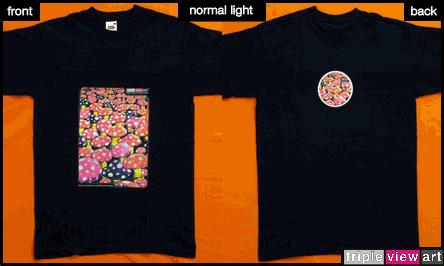 Mushrooms is a uv (ultraviolet) blacklight fluorescent and glow-in-the-dark phosphorescent afterglow short sleeve t-shirt and long sleeve hooded shirt print, made from the original psychedelic spiritual visionary fantasy fine art backdrop painting by symeon nostrakis of 333artworks/tripleviewart, and depicting a magic landsape of amanita (fly agaric) mushrooms forest, standing as a symbol of the earth