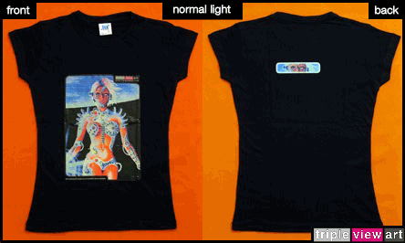 B.I.O.mechanoid is a uv (ultraviolet) blacklight fluorescent and glow-in-the-dark phosphorescent afterglow short sleeve t-shirt and long sleeve hooded shirt print, made from the original psychedelic spiritual visionary fantasy fine art backdrop painting by symeon nostrakis of 333artworks/tripleviewart, and depicting a mystery scifi/sci-fi/science fiction theme: a cyborg transhuman biomechanoid bionic female from space