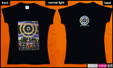 Eclipse Over Stonehenge is a uv (ultraviolet) blacklight fluorescent and glow-in-the-dark phosphorescent afterglow short sleeve t-shirt and long sleeve hooded shirt print, made from the original psychedelic spiritual visionary fantasy fine art backdrop painting by symeon nostrakis of 333artworks/tripleviewart, and depicting a mystery tribal party of pixies/elf/elves/goblins dance on magic psylocybin mushrooms growing form the earth in stonehenge landscape, and a double circular rainbow and stars around a total eclipse