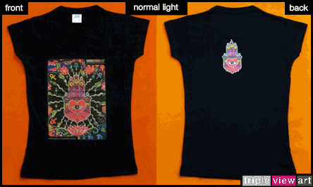 The Hand is a uv (ultraviolet) blacklight fluorescent and glow-in-the-dark phosphorescent afterglow short sleeve t-shirt and long sleeve hooded shirt print, made from the original psychedelic spiritual visionary fantasy fine art backdrop painting by symeon nostrakis of 333artworks/tripleviewart, and depicting the lucky hand of fatima (hamsa/khamsa) with a heart and an eye, a magic amulet encircled by flowers, amanita (fly agaric) mushrooms, and the elements of earth, water, air, and fire