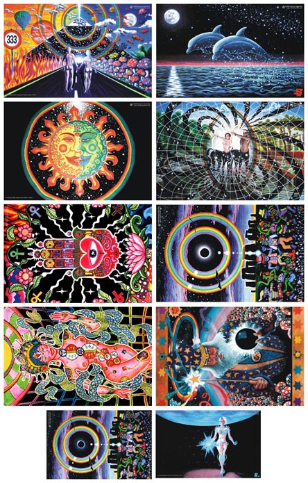 8 posters value set: uv (ultraviolet) blacklight fluorescent and glow-in-the-dark phosphorescent afterglow poster/postcard prints, made from the original psychedelic spiritual visionary fantasy fine art backdrop and mural paintings by symeon nostrakis of 333artworks/tripleviewart