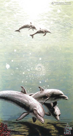 Dolphins is a poster/postcard print, made from the original psychedelic spiritual visionary fantasy fine art mural painting by symeon nostrakis of 333artworks/tripleviewart, and depicting a photorealistic (photorealism) underwater scene: dolphins swiming in the sea water, and a spiral of bubbles in the seascape