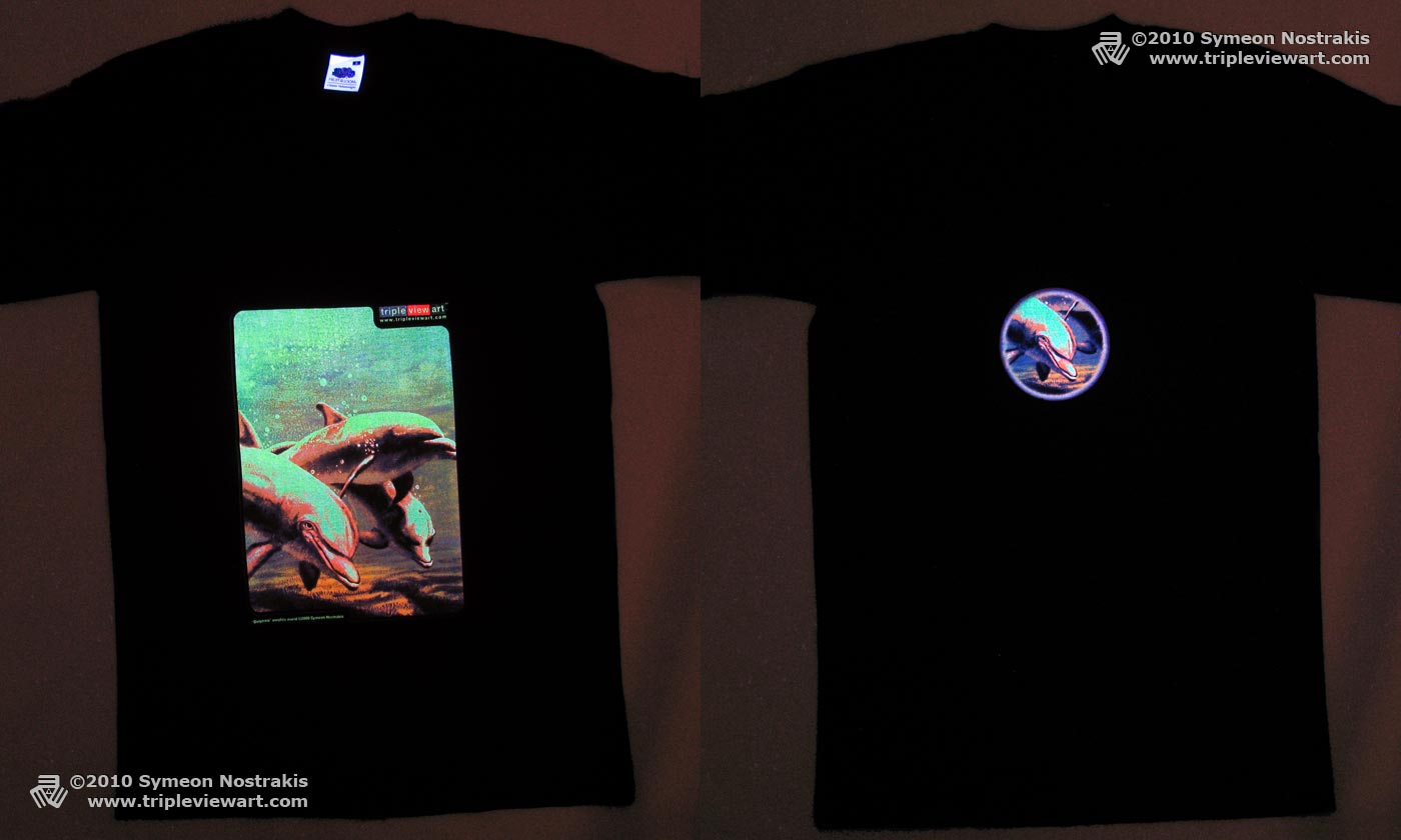 Dolphins is a uv (ultraviolet) blacklight fluorescent and glow-in-the-dark phosphorescent afterglow short sleeve t-shirt and long sleeve hooded shirt print, made from the original psychedelic spiritual visionary fantasy fine art mural painting by symeon nostrakis of 333artworks/tripleviewart, and depicting a photorealistic (photorealism) underwater scene: dolphins swiming in the sea water, and a spiral of bubbles in the seascape